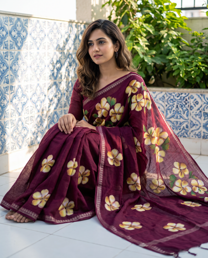 Women's Floral Hand Printed Dull Moss Saree with Unstitched Blouse Piece.