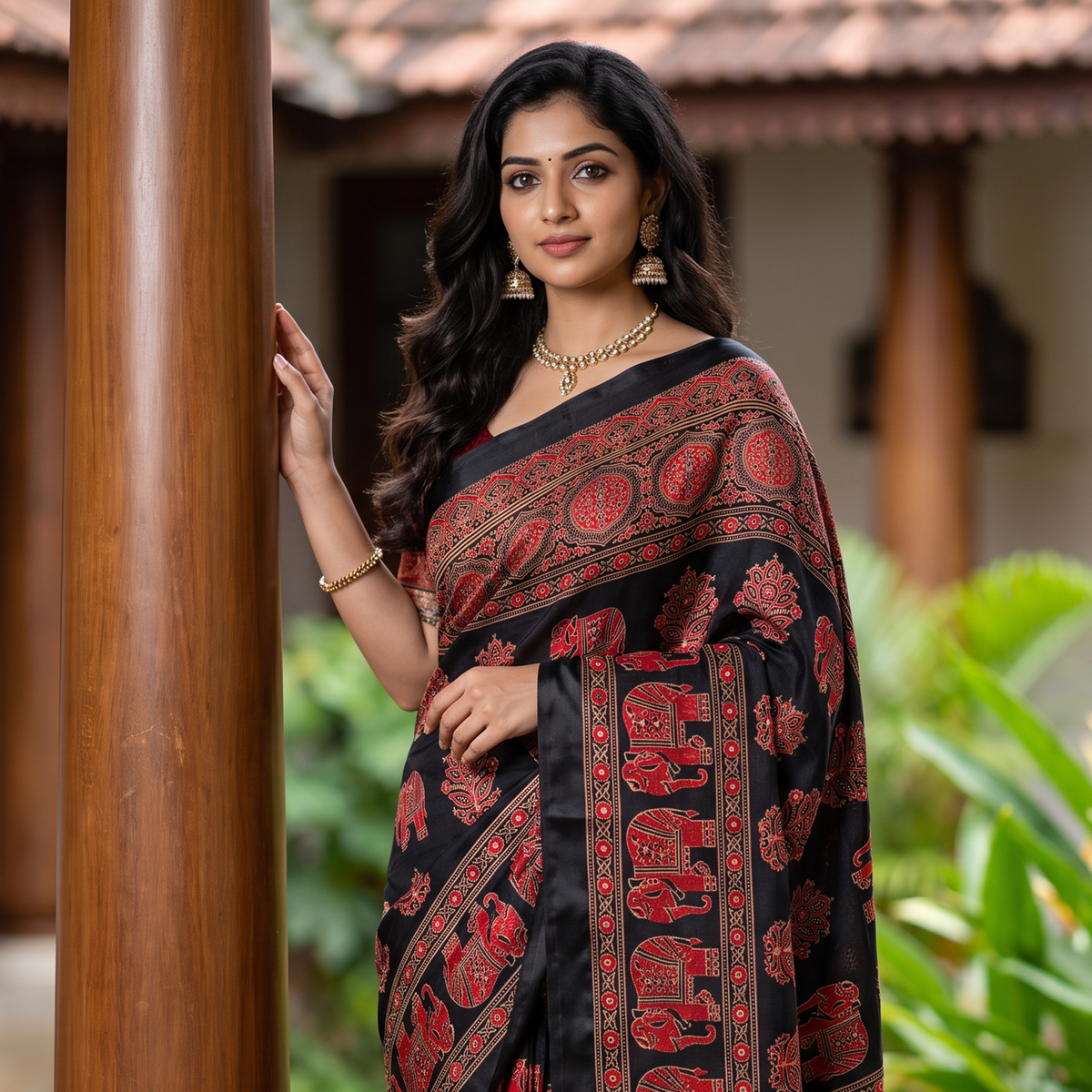 Shri Hari Sarees Women's Ethnic Ajrakh Mirror Printed Art Silk Saree with Unstitched Blouse Piece.