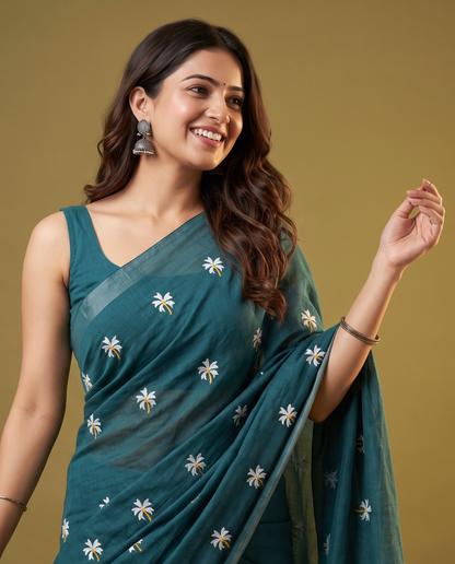 Women's Pure Linen Cotton Floral Embroidered Saree with Unstitched Blouse Piece.
