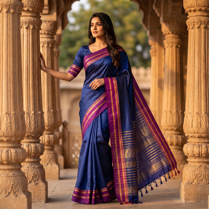 Women's Art Silk Traditional Saree with Zari Border and Unstitched Blouse Piece.