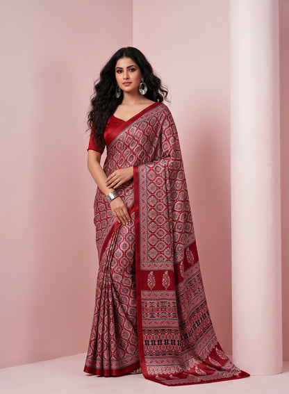Women's Traditional Floral Block Printed Art Silk Saree with Unstitched Blouse Piece.