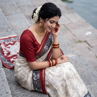 Women's Cream and Maroon Cotton Saree with Traditional Print.