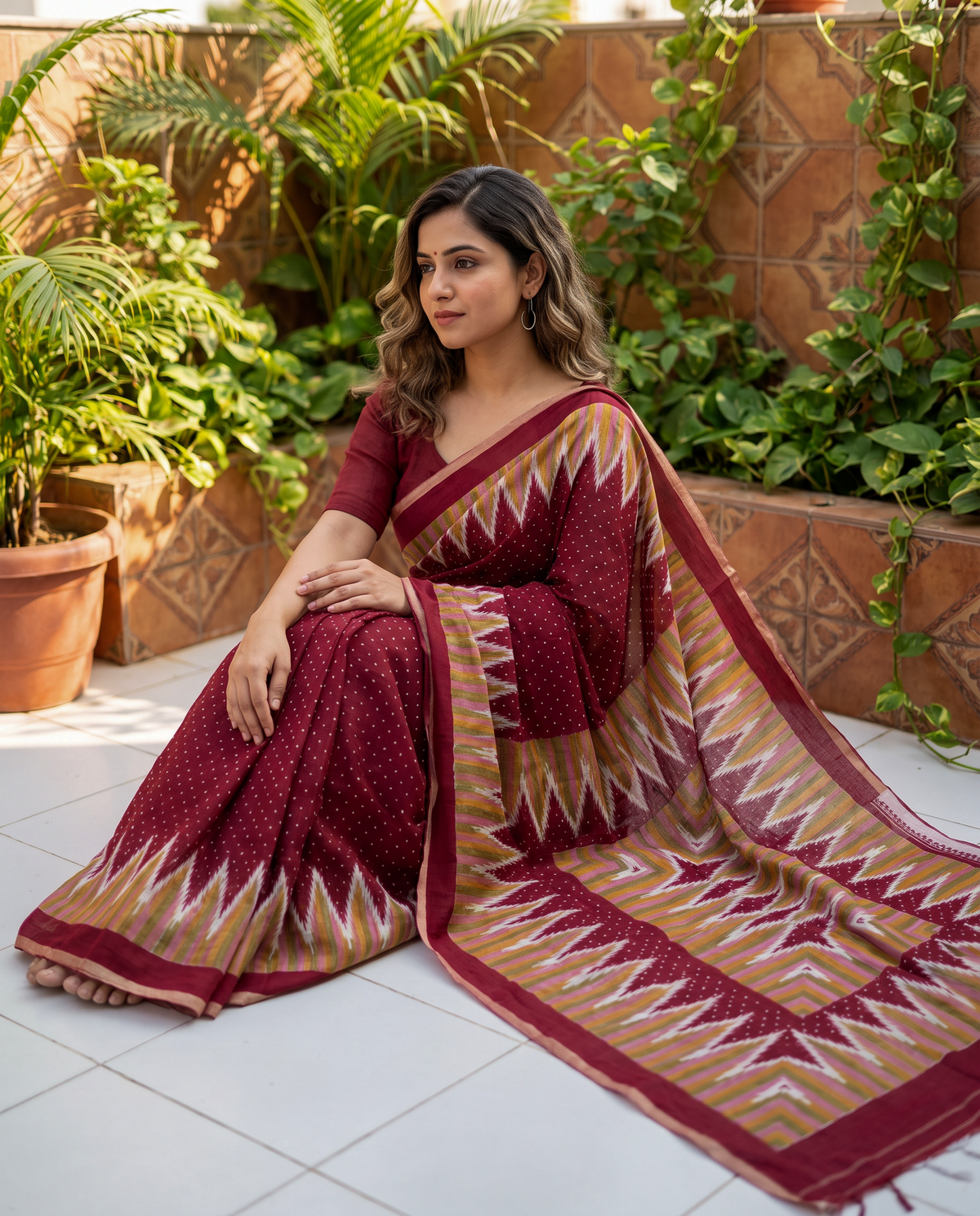 Women's Cotton Blend Ikat Print Saree with Unstitched Blouse Piece