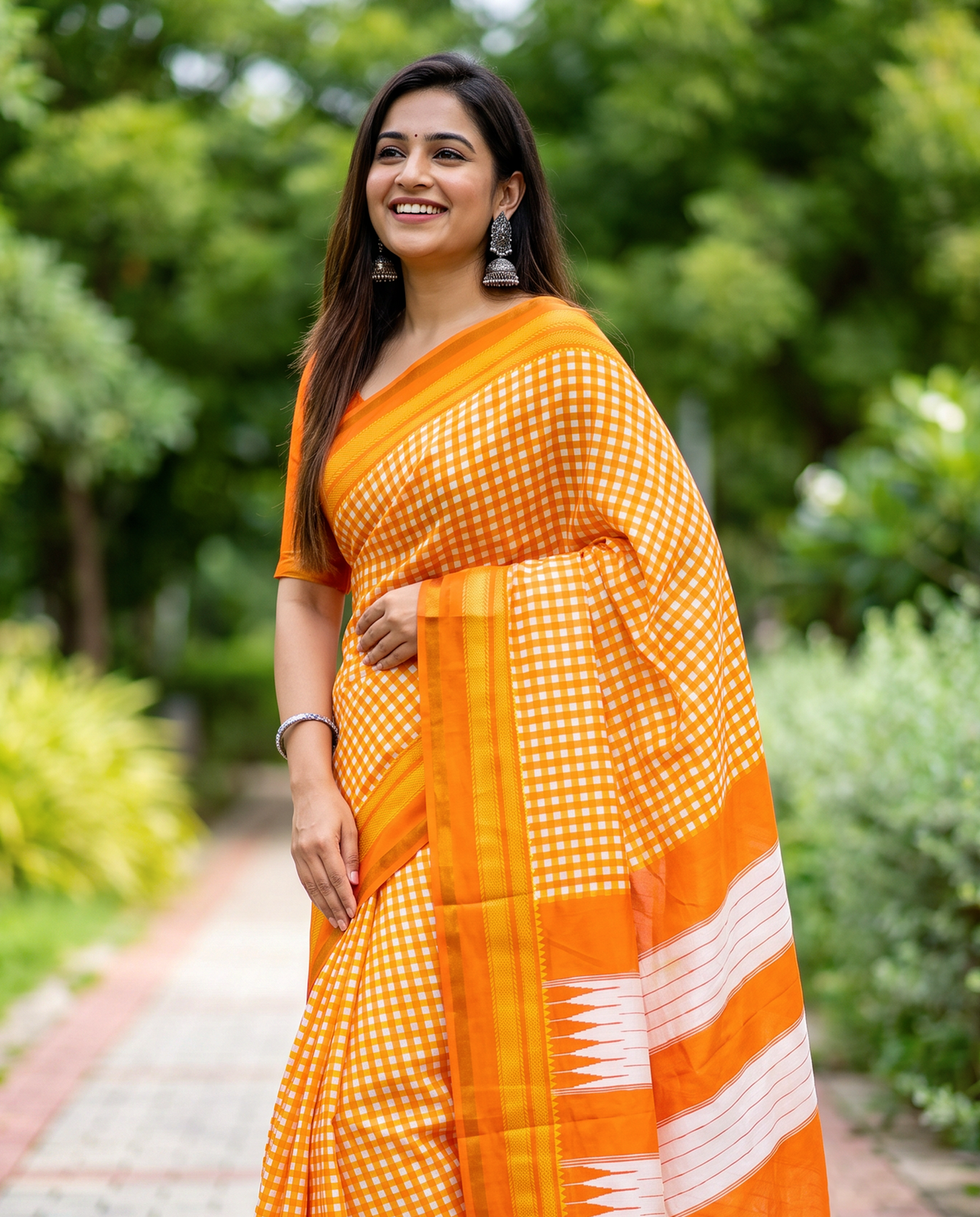 Women's Synthetic Silk Blend Checked Saree with Contrast Border & Unstitched Blouse Piece.