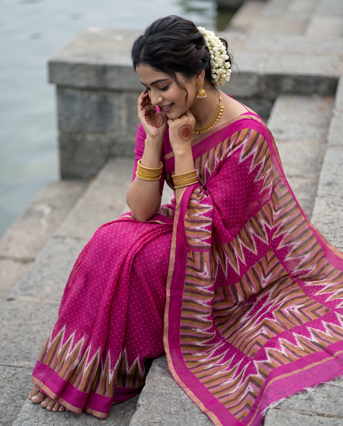 Women's Cotton Blend Ikat Print Saree with Unstitched Blouse Piece.