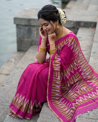 Women's Cotton Blend Ikat Print Saree with Unstitched Blouse Piece.