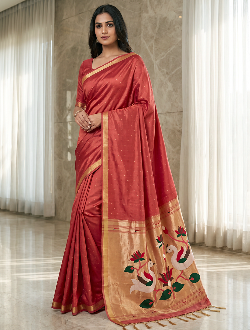Women's Paithani Silk Saree with Unstitched Blouse Piece.