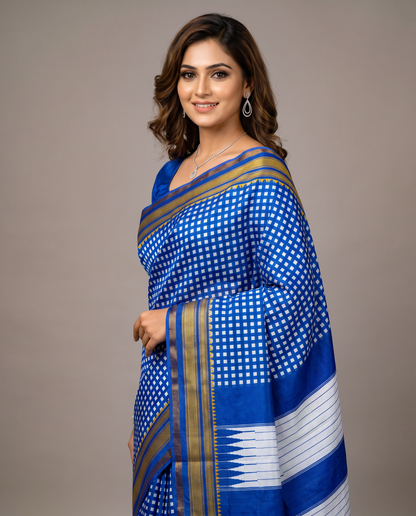 Women's Synthetic Silk Blend Checked Saree with Contrast Border & Unstitched Blouse Piece.
