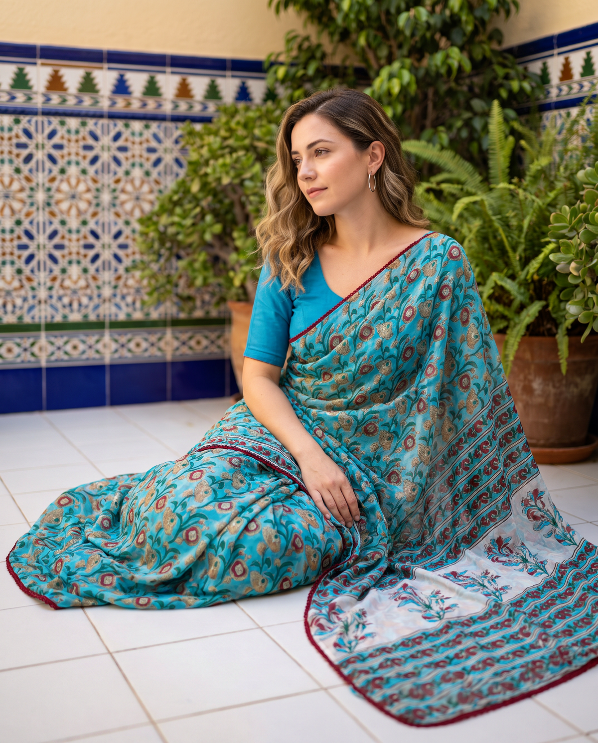 Women's Floral Print Chiffon Saree with Unstitched Blouse Piece.