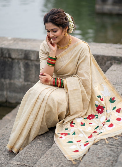 Women's Traditional Floral Paithani Cotton Silk Saree with Unstitched Blouse Piece.