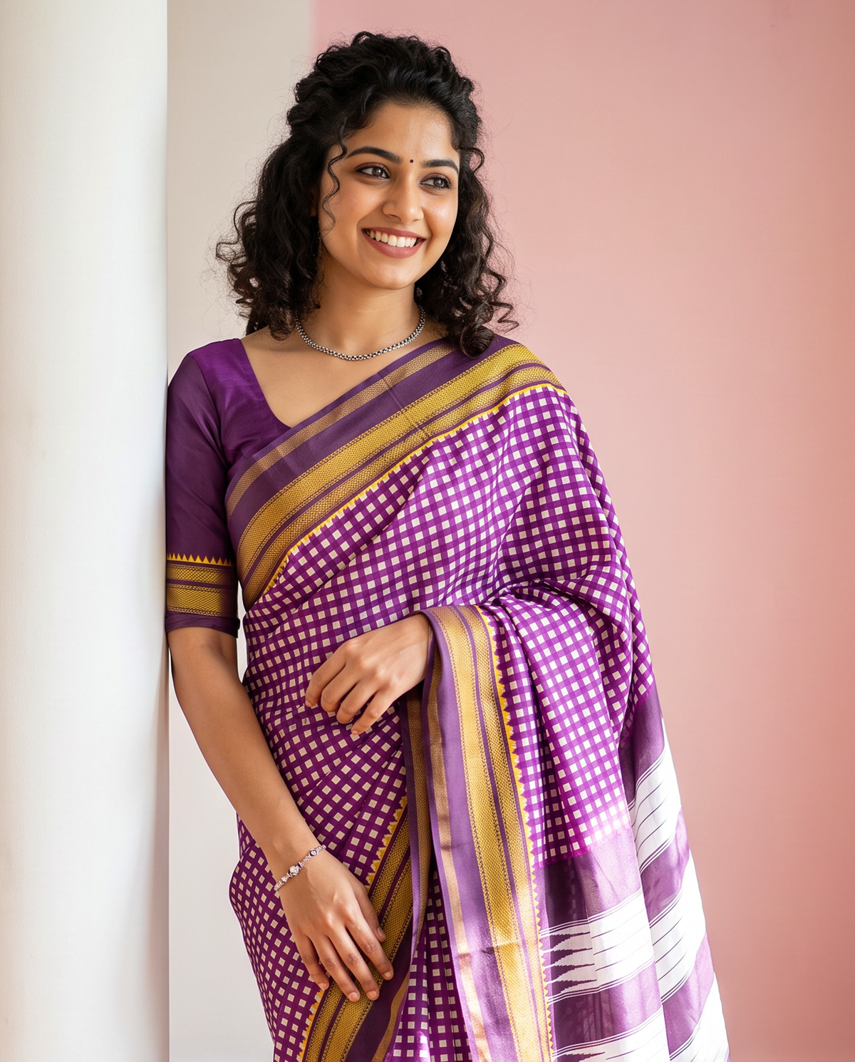 Women's Synthetic Silk Blend Checked Saree with Contrast Border & Unstitched Blouse Piece.