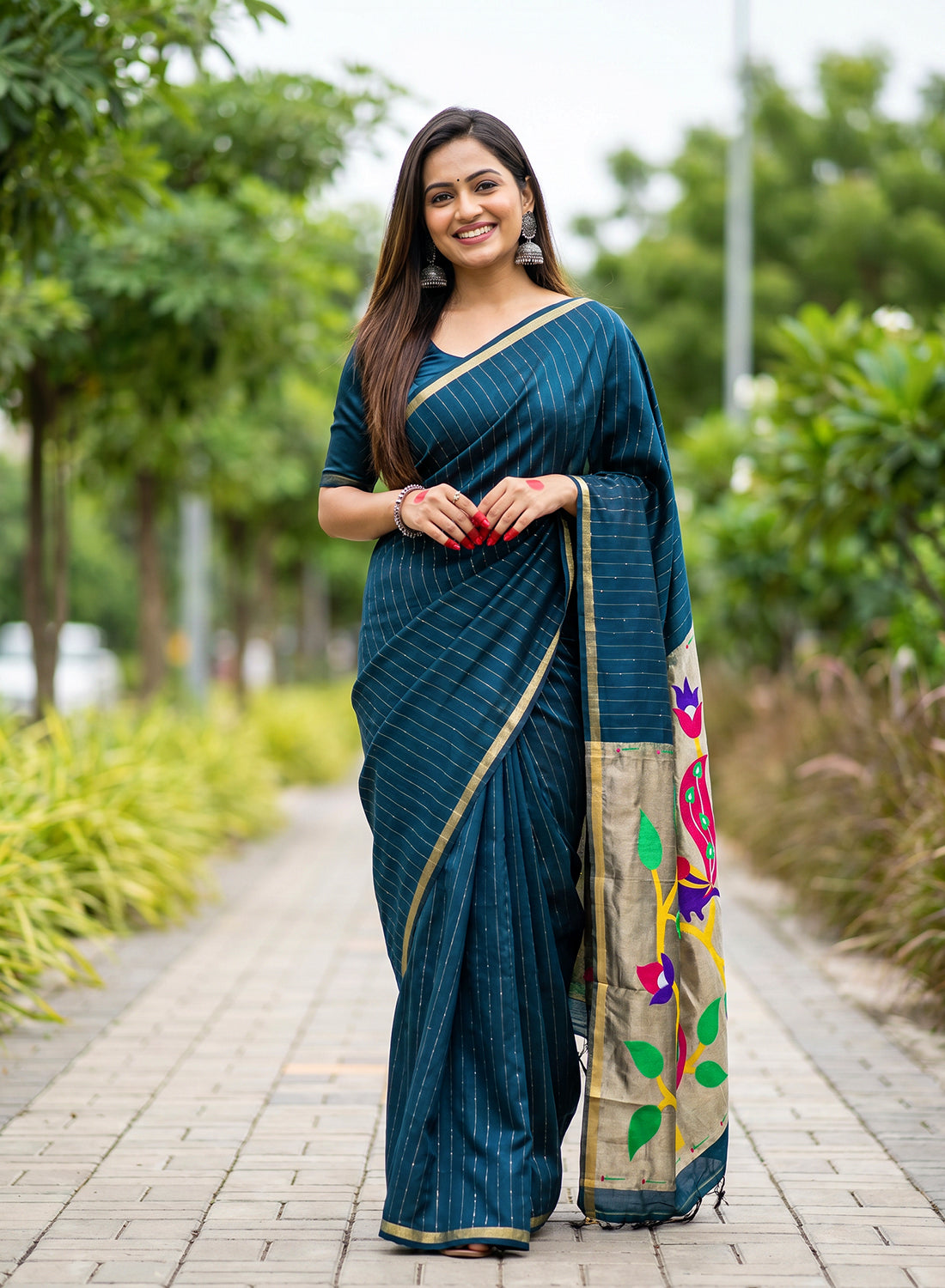 Women's Paithani Style Woven Linen Cotton Saree with Unstitched Blouse Piece.