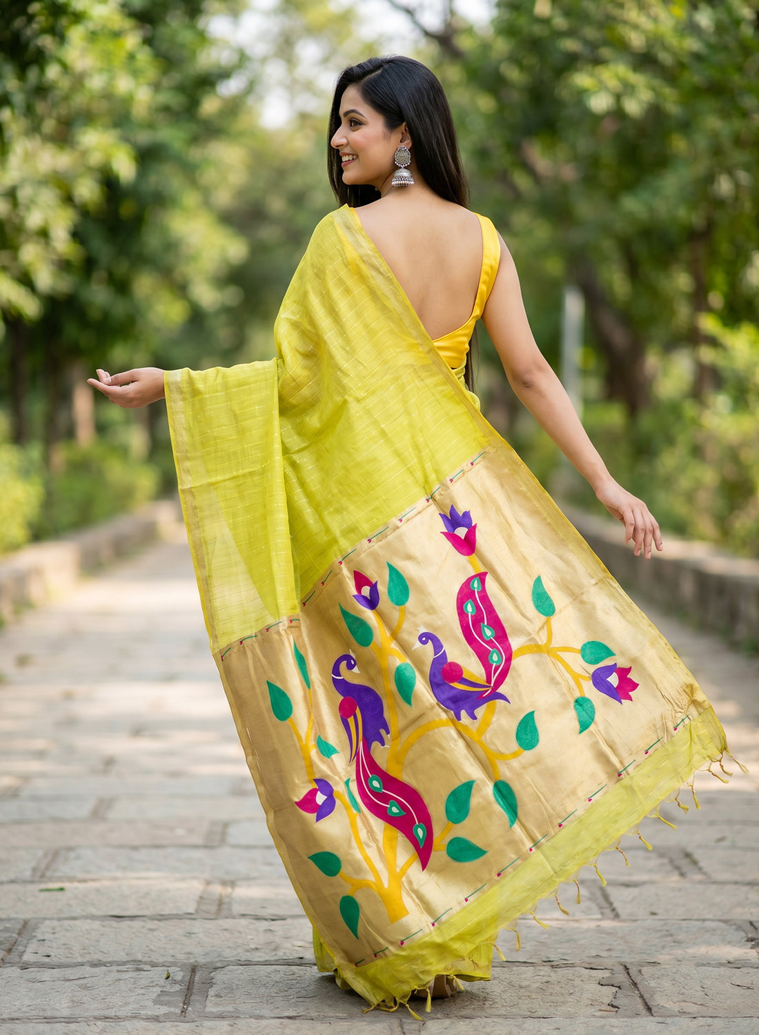 Women's Paithani Style Woven Linen Cotton Saree with Unstitched Blouse Piece.