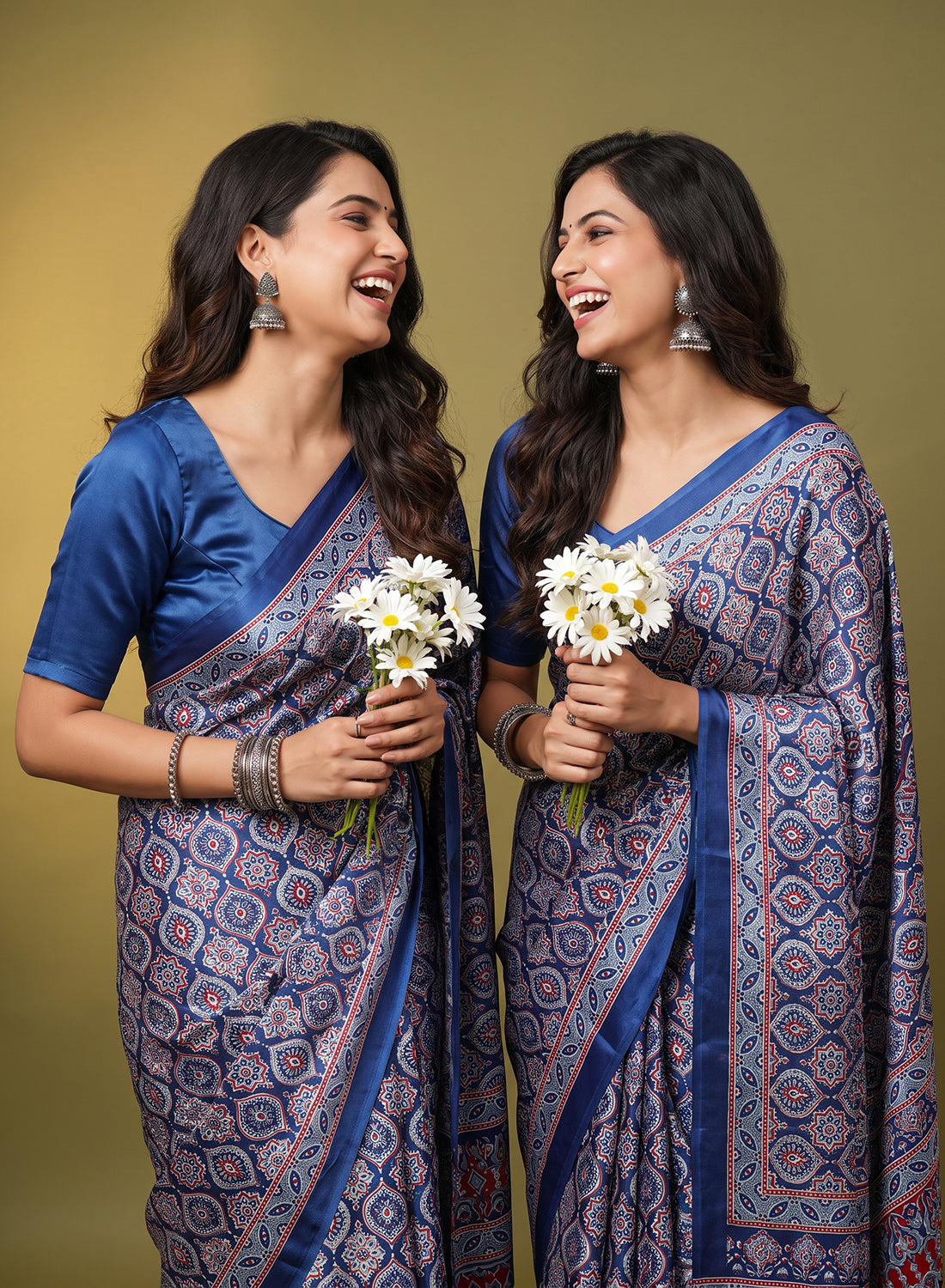 Women's Traditional Floral Block Printed Art Silk Saree with Unstitched Blouse Piece.