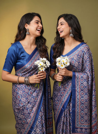 Women's Traditional Floral Block Printed Art Silk Saree with Unstitched Blouse Piece.