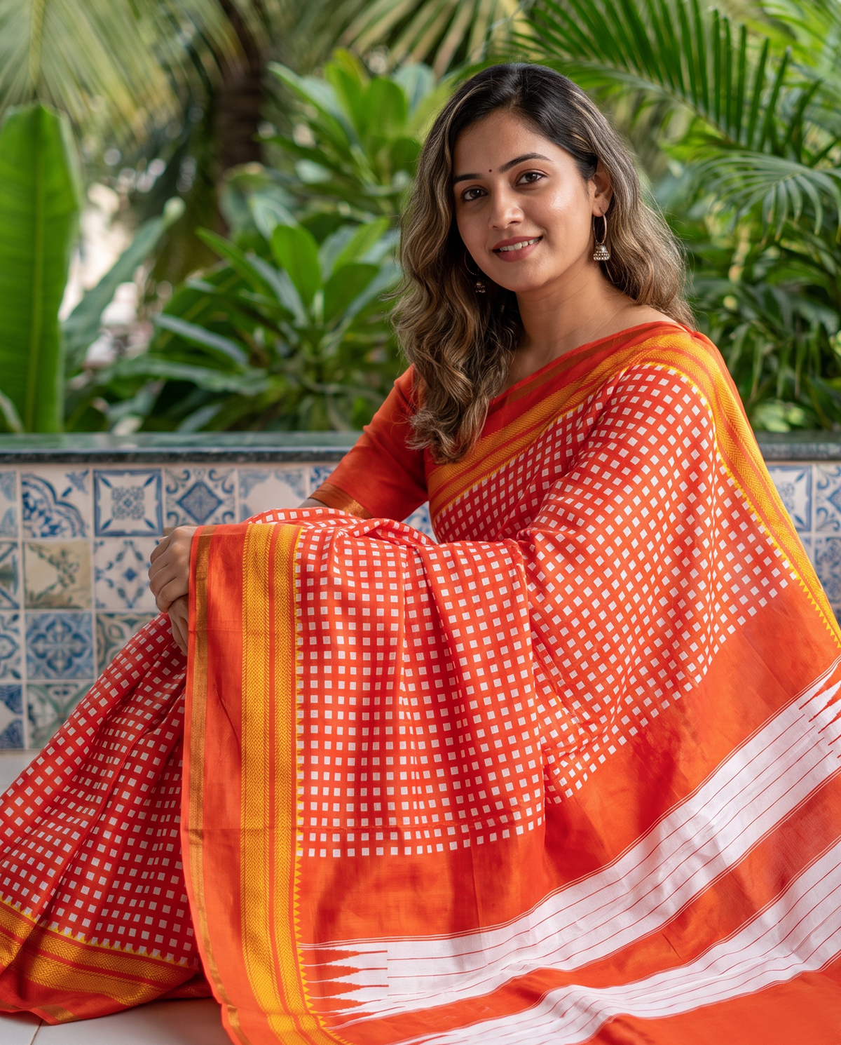 Women's Synthetic Silk Blend Checked Saree with Contrast Border & Unstitched Blouse Piece.