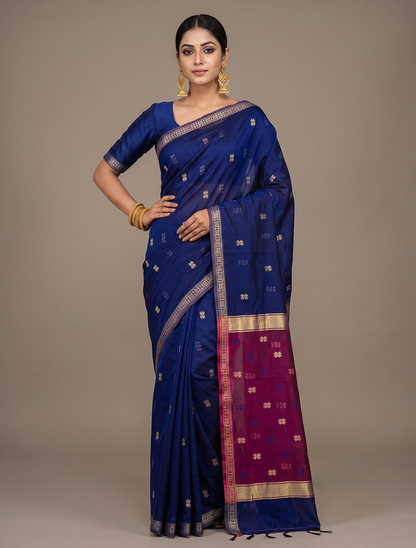 Women's Maheshwari Cotton Blend Woven Zari Saree with Unstitched Blouse Piece.