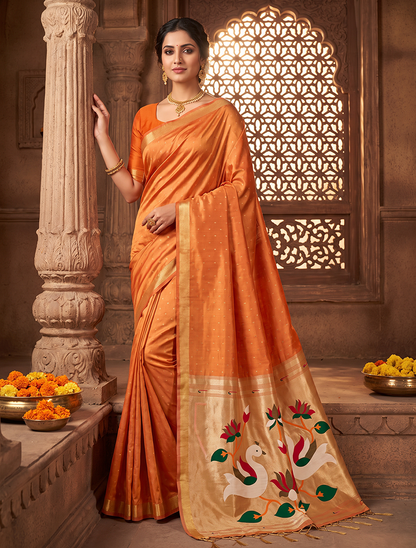 Women's Paithani Silk Saree with Unstitched Blouse Piece.