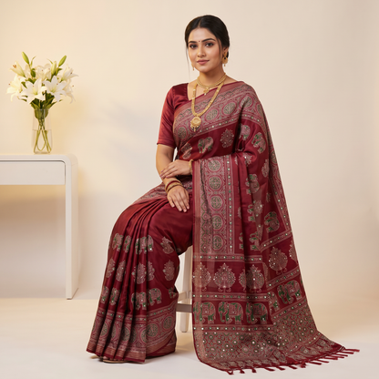 Shri Hari Sarees Women's Ethnic Ajrakh Mirror Printed Art Silk Saree with Unstitched Blouse Piece.