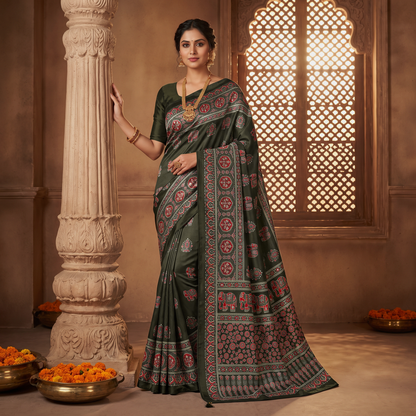 Shri Hari Sarees Women's Ethnic Ajrakh Mirror Printed Art Silk Saree with Unstitched Blouse Piece.