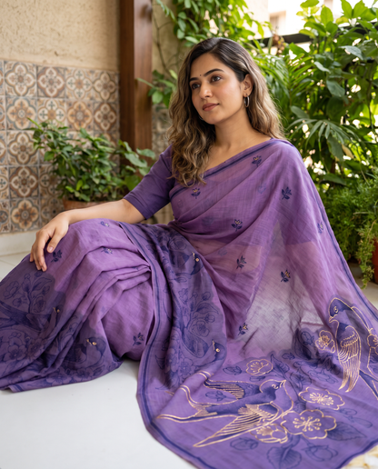 Women's Pure Linen Cotton Floral Embroidered Saree with Unstitched Blouse Piece.