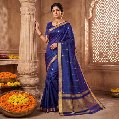 Women's Zari Maheshswari Cotton Blend Zari Woven Saree with Unstitched Blouse Piece.