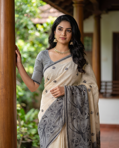 Women's Pure Linen Cotton Floral Embroidered Saree with Unstitched Blouse Piece.