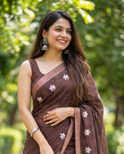 Women's Pure Linen Cotton Floral Embroidered Saree with Unstitched Blouse Piece.