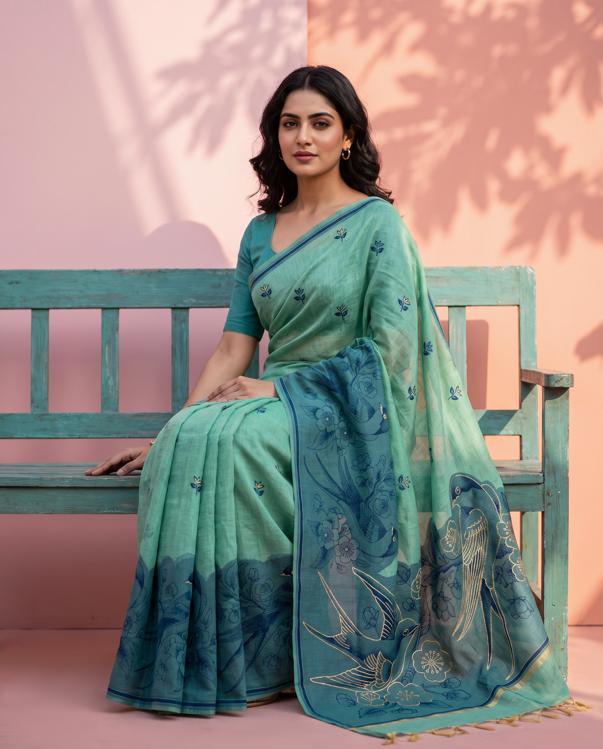 Women's Pure Linen Cotton Floral Embroidered Saree with Unstitched Blouse Piece.
