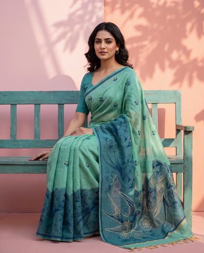 Women's Pure Linen Cotton Floral Embroidered Saree with Unstitched Blouse Piece.