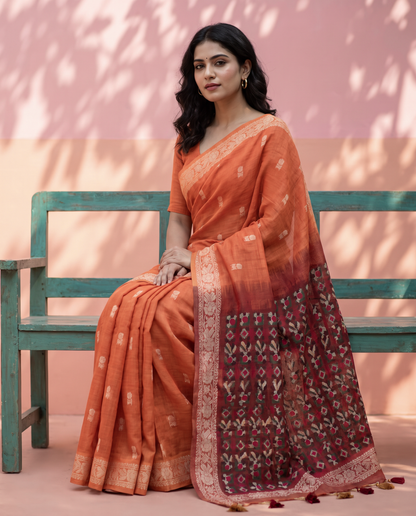 Women's Woven Design Linen Cotton Blend Saree with Unstitched Blouse Piece.