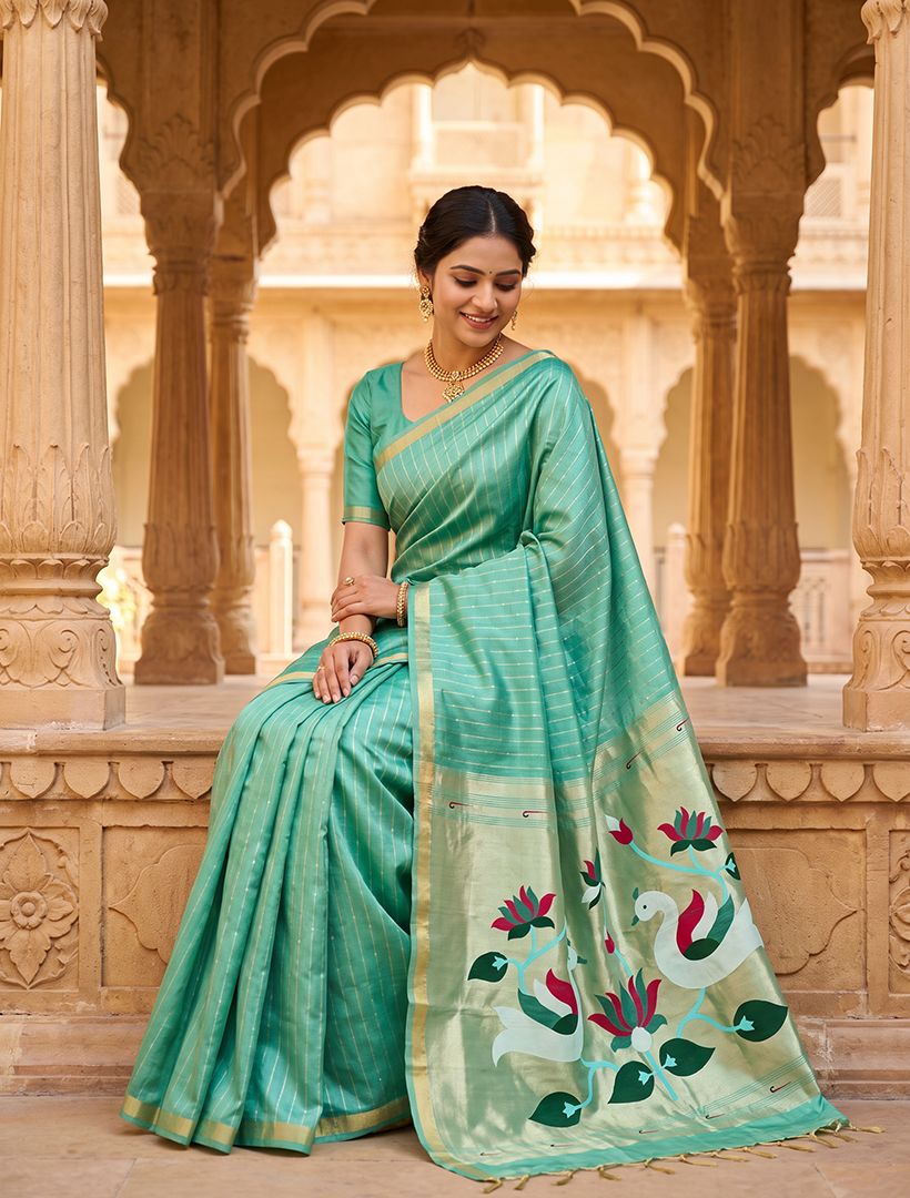 Women's Paithani Silk Saree with Unstitched Blouse Piece.
