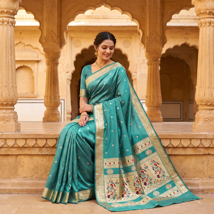 Banarasi Soft Silk Saree Festive Woven Jacquard Zari Border Sarees with Unstitched Blouse Piece.