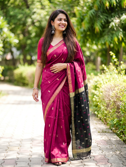 Women's Maheshwari Cotton Blend Woven Zari Saree with Unstitched Blouse Piece.
