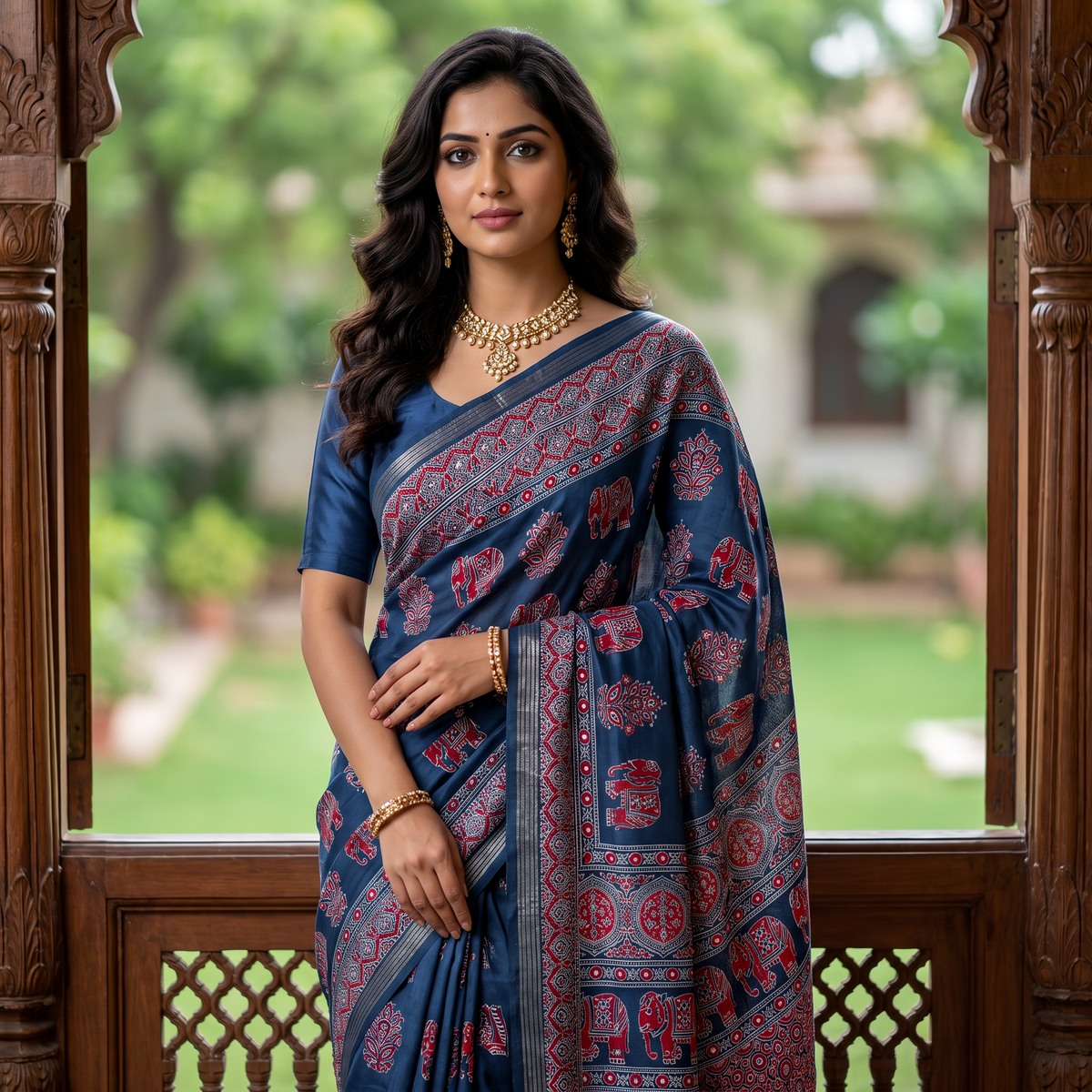 Shri Hari Sarees Women's Ethnic Ajrakh Mirror Printed Art Silk Saree with Unstitched Blouse Piece.