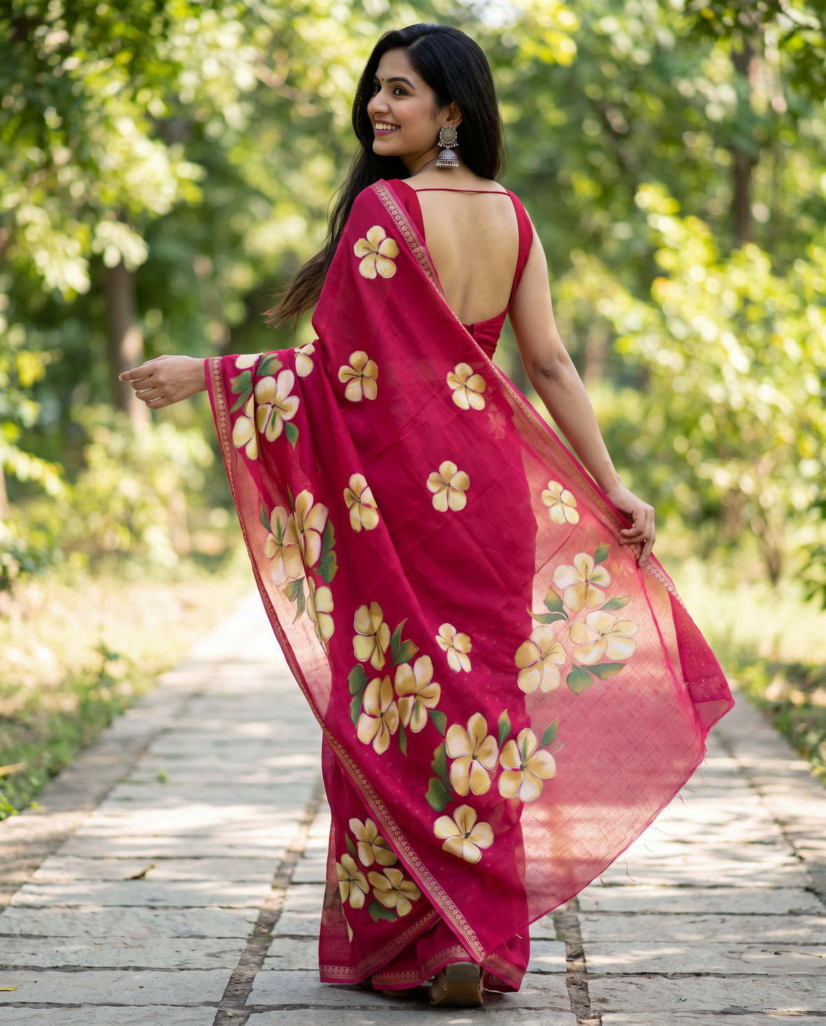 Women's Floral Hand Printed Dull Moss Saree with Unstitched Blouse Piece.