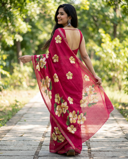Women's Floral Hand Printed Dull Moss Saree with Unstitched Blouse Piece.