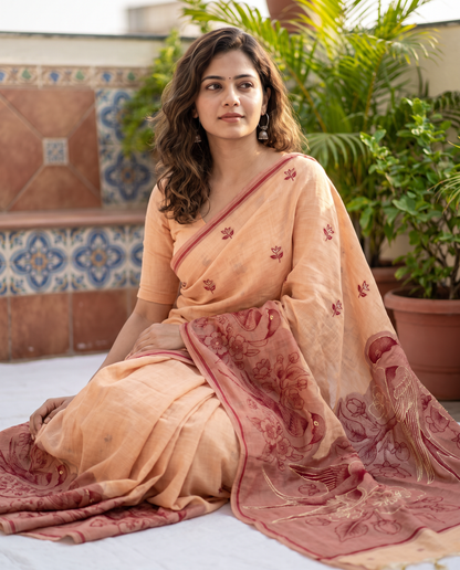 Women's Pure Linen Cotton Floral Embroidered Saree with Unstitched Blouse Piece.