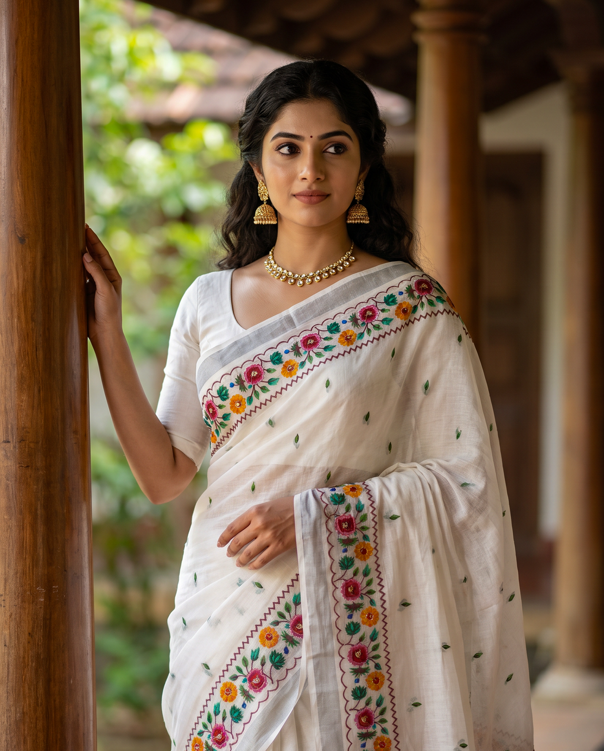 Women's Cotton Linen Blend Floral Printed Saree with Silver Zari Border & Unstitched Blouse Piece.