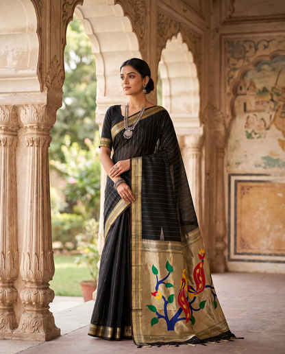 Women's Paithani Silk Blend Saree with Zari Woven Striped Lines and Peacock Floral Pallu including Unstitched Blouse Piece.