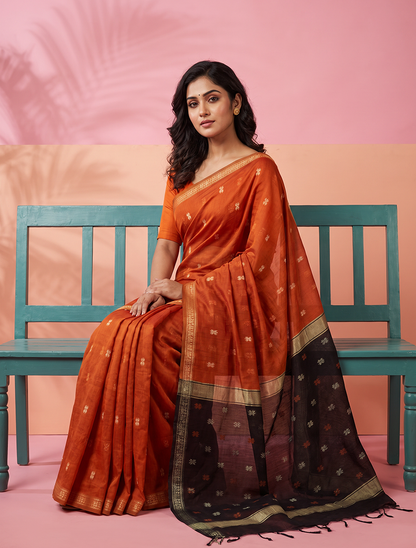 Women's Maheshwari Cotton Blend Woven Zari Saree with Unstitched Blouse Piece.