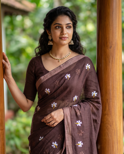 Women's Pure Linen Cotton Floral Embroidered Saree with Unstitched Blouse Piece.