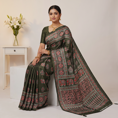 Shri Hari Sarees Women's Ethnic Ajrakh Mirror Printed Art Silk Saree with Unstitched Blouse Piece.