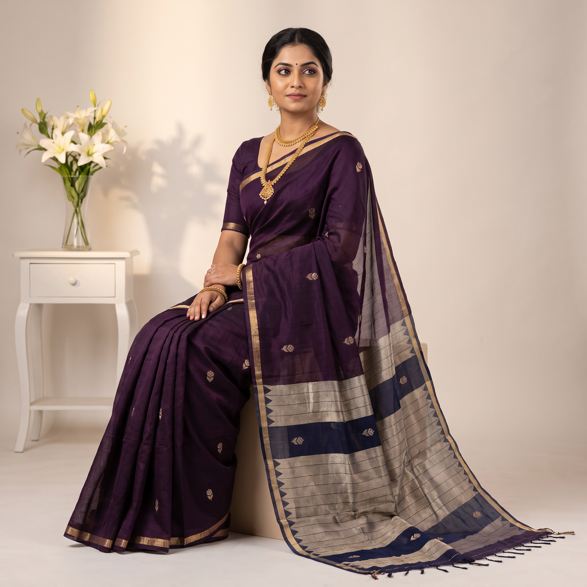 Women's Traditional Chanderi Cotton Linen Blend Saree with Zari Woven Border & Unstitched Blouse Piece.