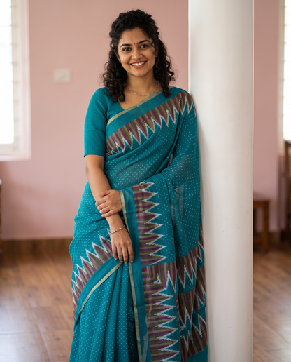 Women's Cotton Blend Ikat Print Saree with Unstitched Blouse Piece.