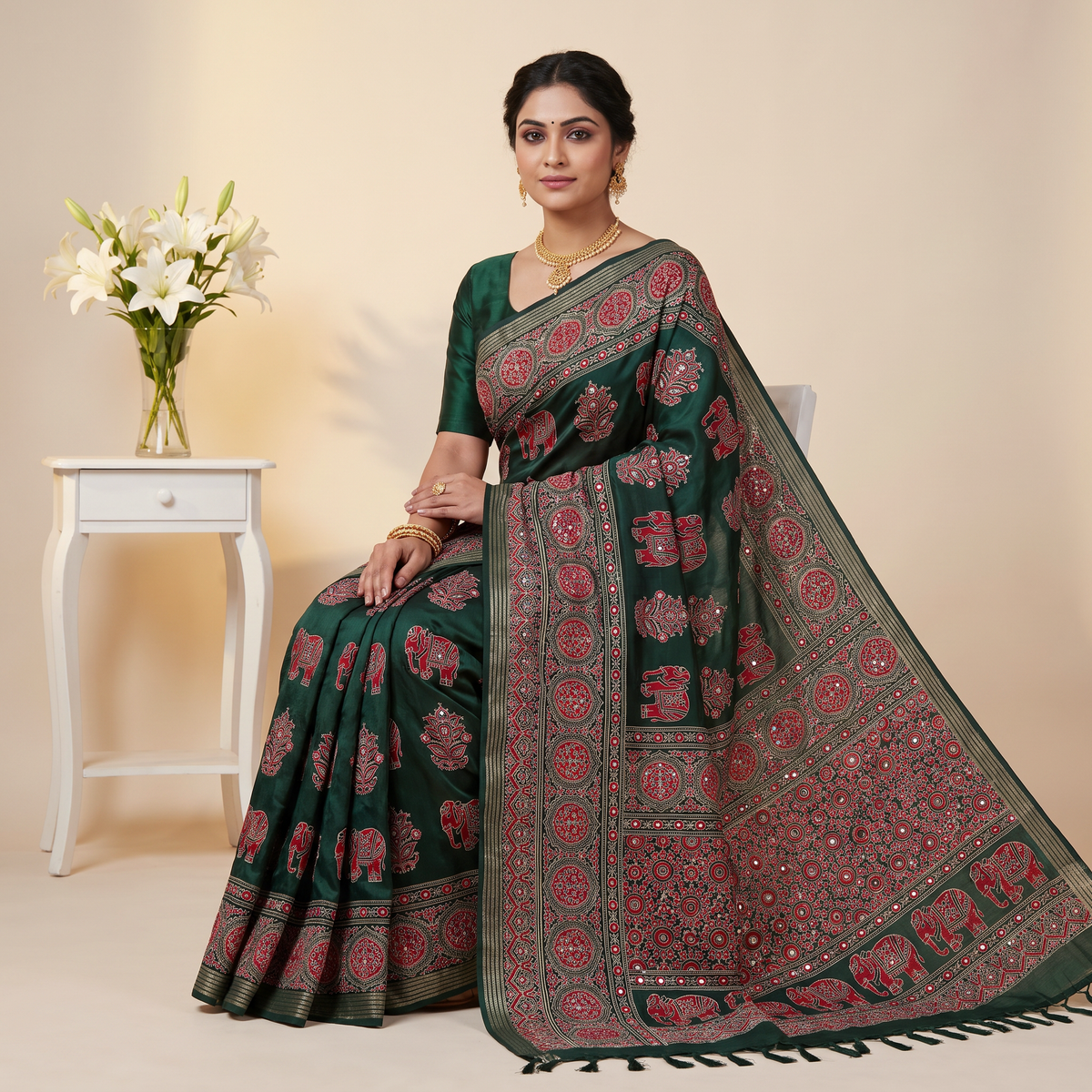 Shri Hari Sarees Women's Ethnic Ajrakh Mirror Printed Art Silk Saree with Unstitched Blouse Piece.