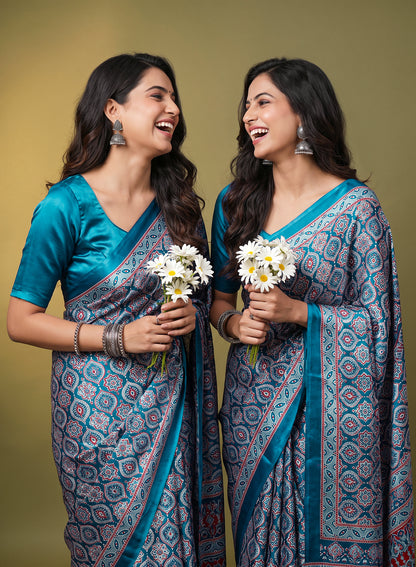 Women's Traditional Floral Block Printed Art Silk Saree with Unstitched Blouse Piece.