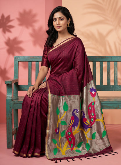 Women's Paithani Style Woven Linen Cotton Saree with Unstitched Blouse Piece.