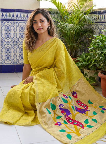 Women's Paithani Style Woven Linen Cotton Saree with Unstitched Blouse Piece.