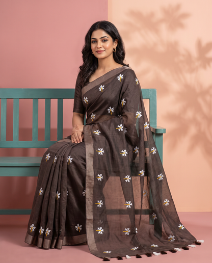 Women's Pure Linen Cotton Floral Embroidered Saree with Unstitched Blouse Piece.